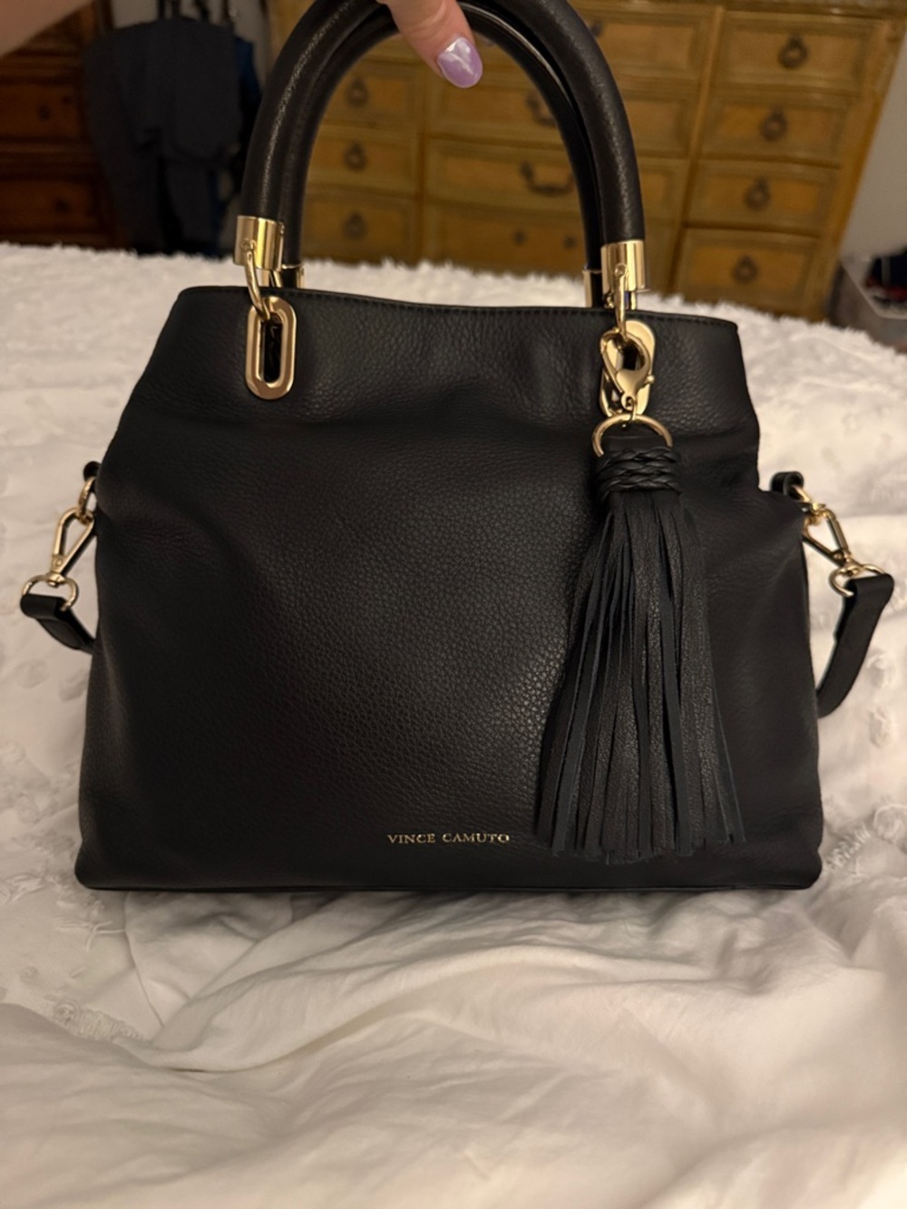 Vince Camuto Black Pebbled Leather Satchel with Tassel - Picture 2 of 11